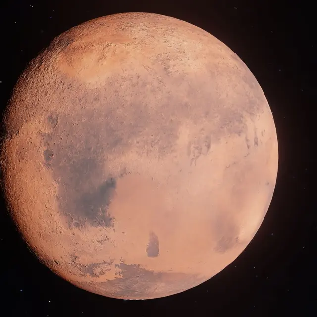 High-resolution image of Mars shining in the vast universe, showcasing its surface details.