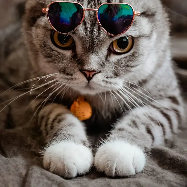 Adorable Scottish Fold cat wearing stylish sunglasses indoors. Perfect for pet lovers.