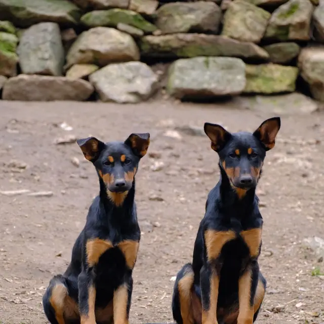 Two young Doberman Pinschers sitting on a dirt path with stone wall background.