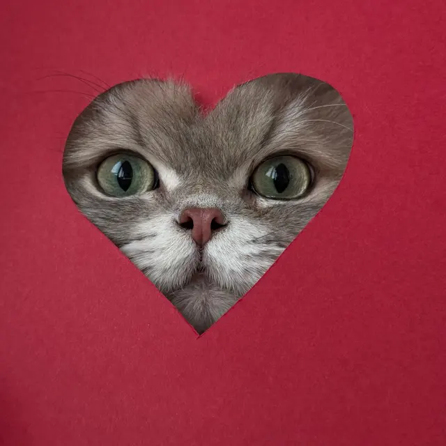 Adorable gray cat peeping through a heart-shaped cutout on a red paper background.