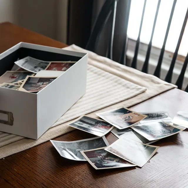 Open box of vintage family photos on wooden table by window.
